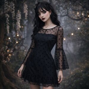 BB Dakota Black Sheer Polka Dot Dress Fairy Grunge Dark Romantic Mesh